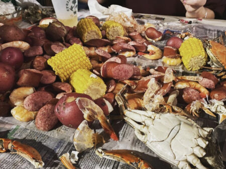 Low country boil on a table.