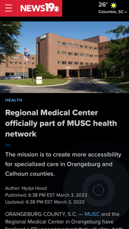 A brick building with multiple windows and greenery in front, identified as the Regional Medical Center in Orangeburg, SC, alongside a news article headline about its integration into the MUSC health network.