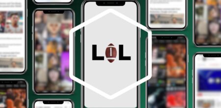 Multiple smartphones displaying various apps are arranged around a central graphic featuring the letters "LOL" with a football graphic integrated into the letter "O."