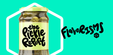A jar labeled 'the Pickle Report' filled with pickles, set against a bright turquoise background, accompanied by the stylized text 'Flavorisms' in black.