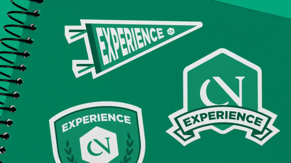 A green background featuring three distinct designs: a pennant with the word 'EXPERIENCE', a shield logo that includes 'EXPERIENCE' and a 'CV' symbol, and another badge-like emblem that combines the word 'EXPERIENCE' with a decorative ribbon underneath.