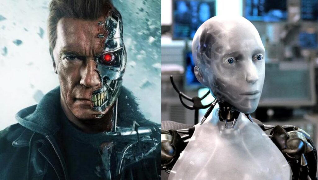 A split image with the Terminator on the left and a robot on the right