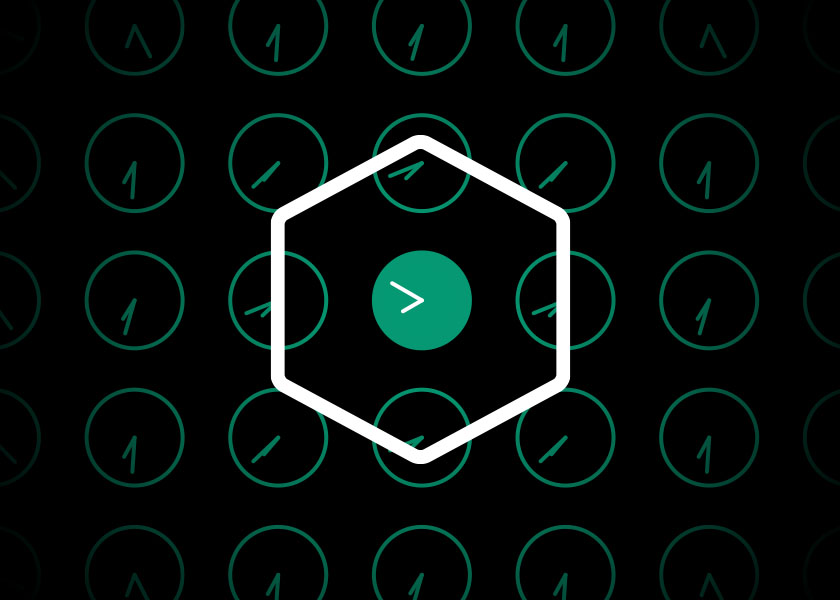 White outlined hexagon with a green clock icon, over a dark background patterned with green clocks.