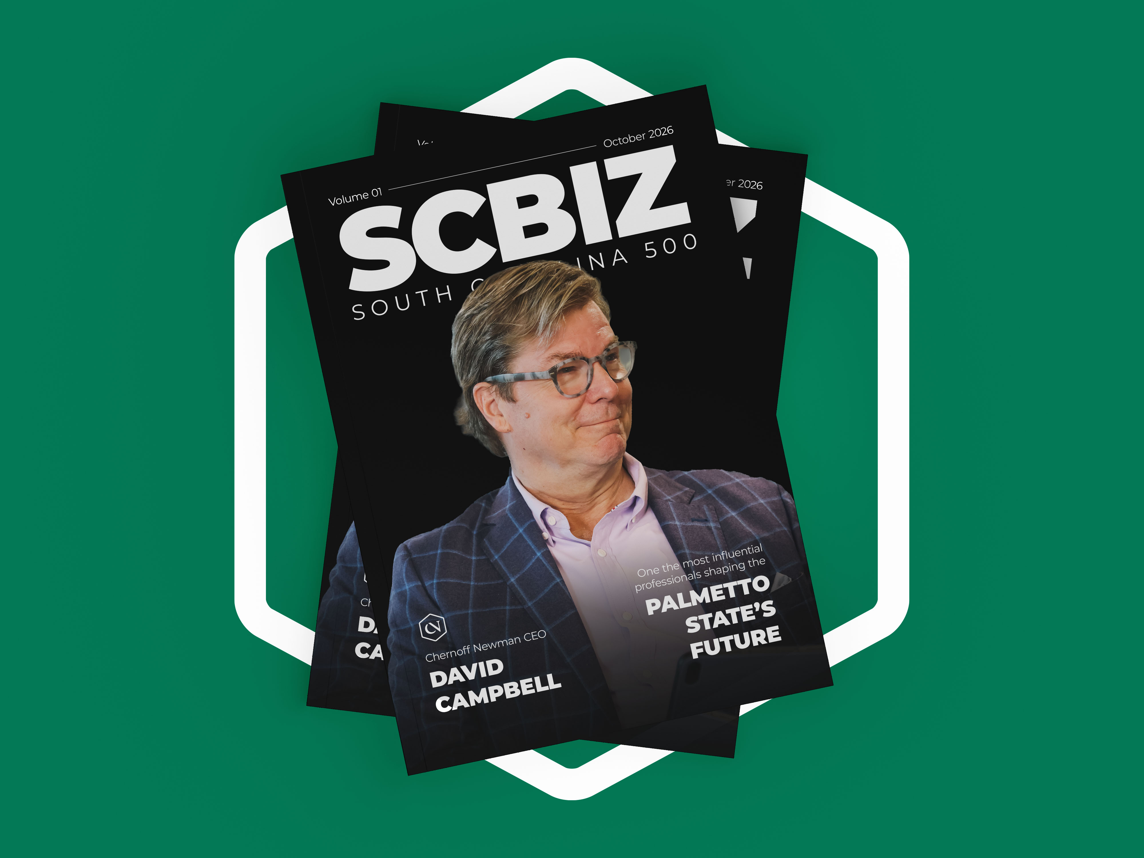 CEO David Campbell on a page of SCBIZ with a hexagon and green background