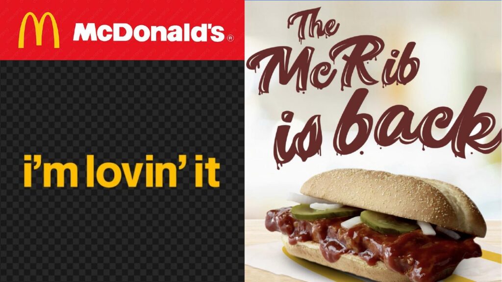 The McDonald's logo on a red background with the I'm lovin' it tagline on a black background next to a photo of the McRib sandwich with the caption The McRib is back